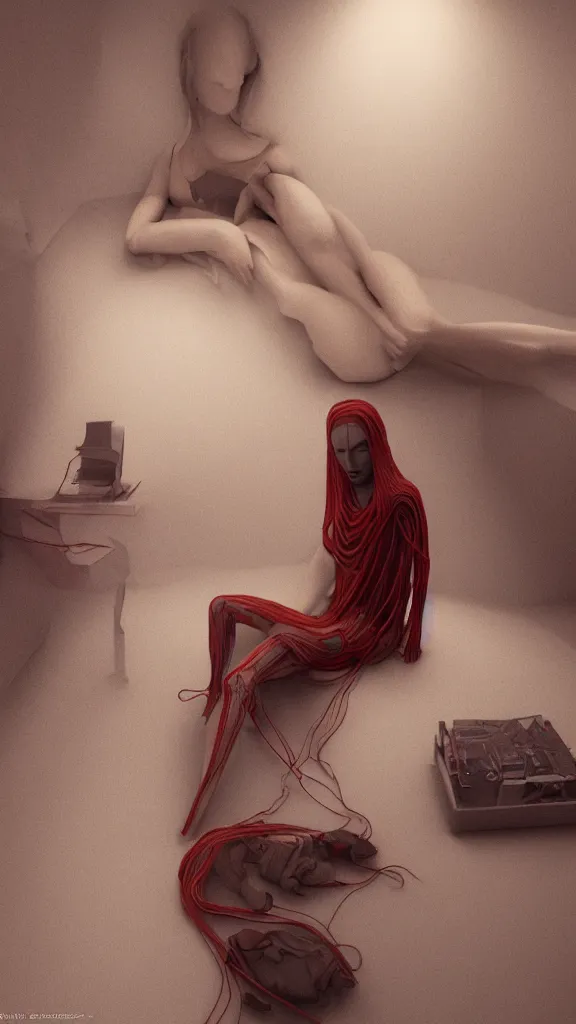 Prompt: rgb, woman, bedroom, cinematic, movie scene, inspired by zdzislaw beksinski, clothes made out of veins, cables everywhere, bedroom, ultra realistic, concept art, intricate details, highly detailed, photorealistic, octane render, 8 k