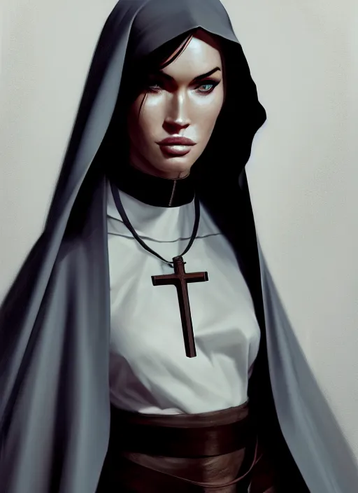 Image similar to portrait of megan fox as a evil nun with collar and leash, catholic, church, dark, intricate, headshot, key visual, conceptart, ambient lighting, highly detailed, digital painting, artstation, concept art, sharp focus, by makoto shinkai and akihiko yoshida and greg manchess