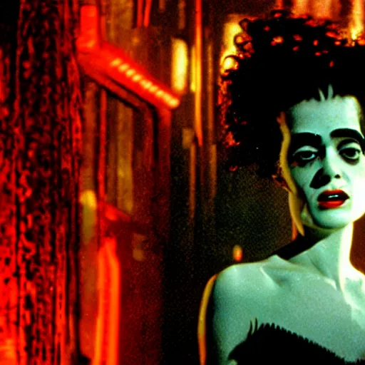 Prompt: cinematic portrait of bride of frankenstein as a replicant in a nightclub, confused and angry, still from the movie bladerunner, fashion photography, a neon sign is in the background