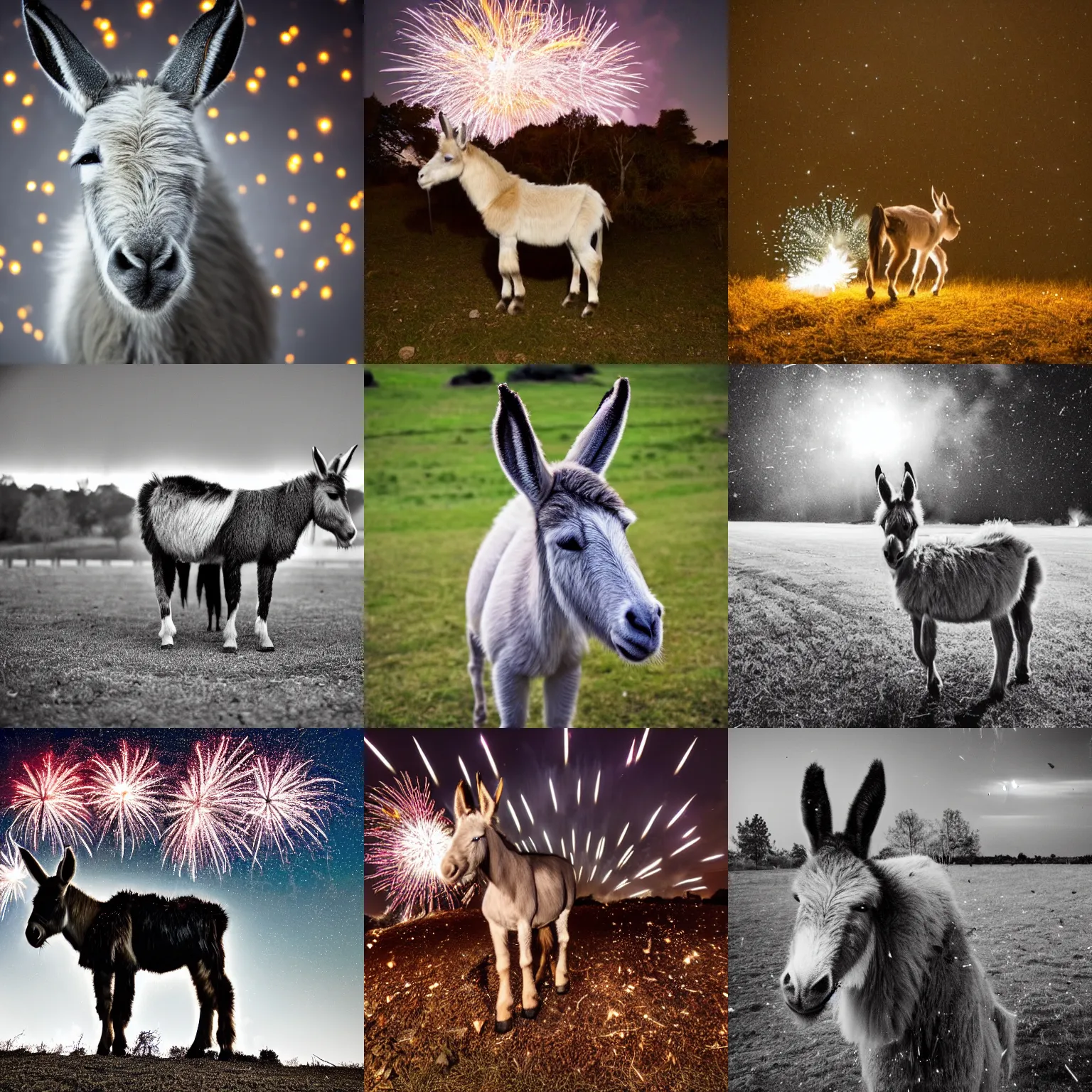 Prompt: exploding fireworks in the night sky raining down embers and sparks and brightly burning pieces falling from the sky, a pale donkey stands in a field in the darkness. Photography. Flash photo. Cursed image.