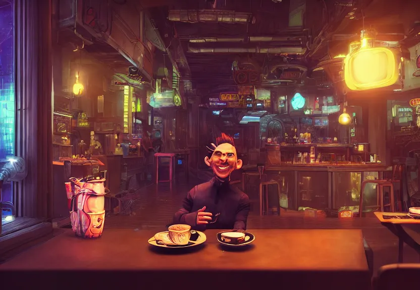 Prompt: a smug male goblin punk sitting in a cafe in a cyberpunk city, sharp focus, highly detailed face, 8k, unreal engine 5, cinematic lighting, vivid elegant fantasy concept art, character art, stern neon atmosphere, artstation, deep complimentary colors, volumetric lighting, photorealistic, hyperdetailed 3D matte painting, hyperrealism, hyperrealistic masterpiece