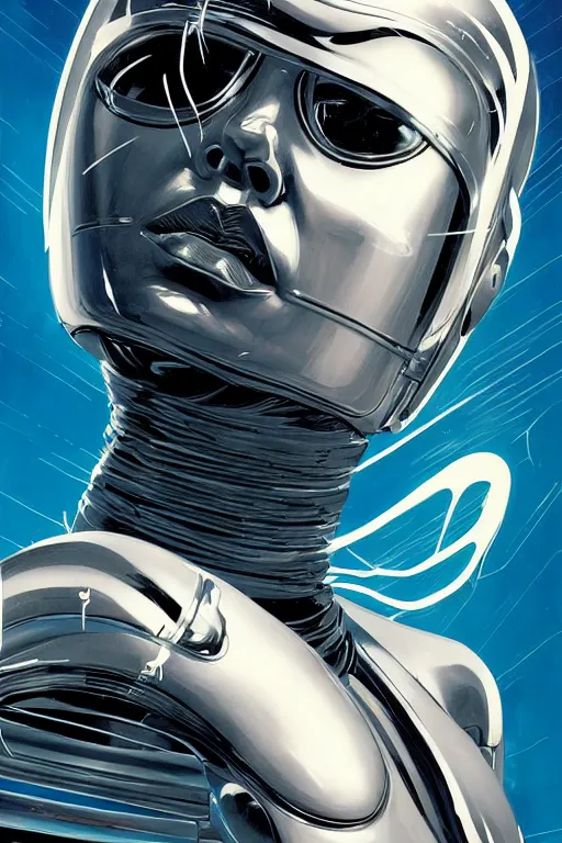 Image similar to retro-futuristic portrait of a beautiful female android in old scratchy chrome armour, wired head, blind eyes, white liquid dripping on it, ornate background, rim light, ornate pattern, glowing eyes, evil expression, high details, intricate details, renaissance painting by vincent di fate, artgerm julie bell beeple, 80s, Smooth gradients, High contrast, depth of field, very coherent symmetrical artwork