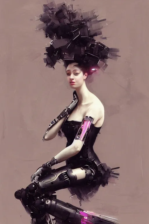 Image similar to sitting beautiful painting of a crowned robotic cyberpunk ballerina in a gothic dark flowing tutu intricate, elegant, highly detailed, digital painting, artstation, concept art, by krenz cushart and artem demura and william adolph bouguereau