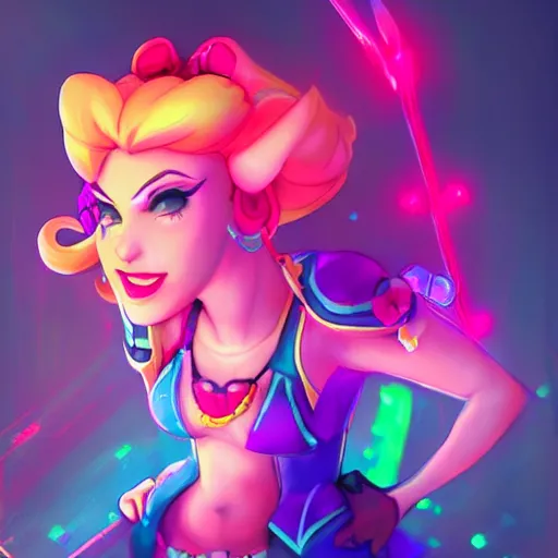 Image similar to Princess peach mixed with jinx from league of legends with neon lighting, trending on artstation, by WLOP