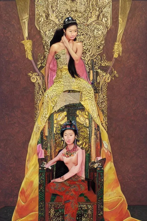 Image similar to portrait of a beautiful young asian woman with shoulder length hair and strong facial bone structure, queen and ruler of the universe, sitting on her throne, men kneeling at her feet, painting by tara phillips, hyper detailed, hyperrealism