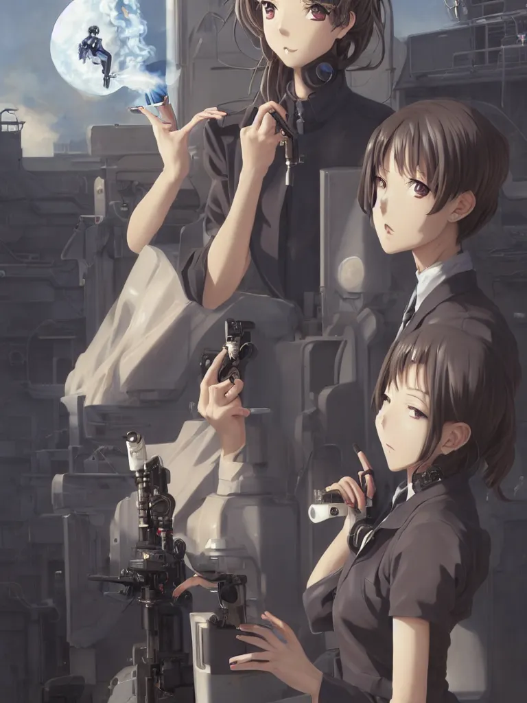 Prompt: Portrait of an anime woman smoking a cigarette, standing in front of a cyborg repair shop, intricate school uniform, whole body, feminine figure, smooth skin, gorgeous, pretty face, beautiful fashion model body, high detail, hyper realistic, while a lone futuristic military cargo ship flies overhead, by Greg Rutkowski and Krenz Cushart and Pan_Ren_Wei and Hongkun_st and Bo Chen and Enze Fu and WLOP and Madhouse Inc., anime style, crepuscular rays, set in rainy futuristic cyberpunk Tokyo street, dapped light, dark fantasy, cgsociety, trending on artstation