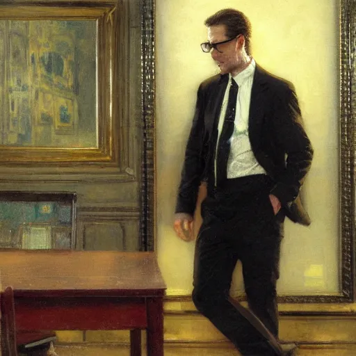 Prompt: detailed cinematic wide shot of sucession cousin greg black suit with glasses smooth in corporate office, sharp focus, ultra realistic, spring light, painting by gaston bussiere, craig mullins, j. c. leyendecker