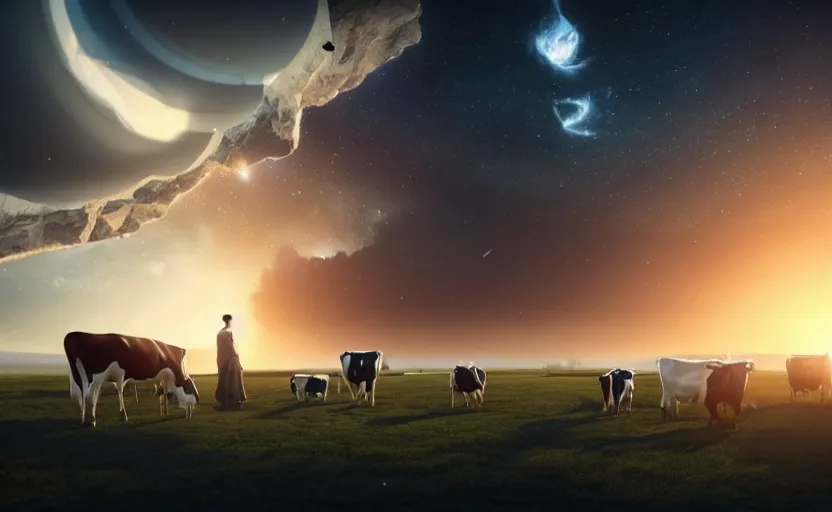 Image similar to incredible, mindblowing beautiful celestial view from interstellar hotel, with cows, matte painting, artstation, cgsociety, dramatic lighting, concept art, octane render, arnold 3 d render