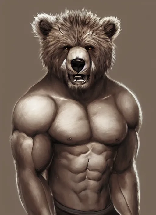 Prompt: award winning beautiful portrait commission art of a muscular male furry anthro grizzly bear fursona with a cute beautiful attractive detailed furry face wearing gym shorts and a tanktop at the gym. Character design by charlie bowater, ross tran, artgerm, and makoto shinkai, detailed, inked, western comic book art