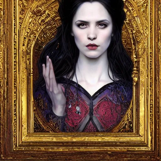 Image similar to Masterpiece painting of beautiful malicious vampire princess gothic portrait by Donato Giancola and Tom Bagshaw, face by Artgerm and Edmund Leighton, golden ratio, trending on cgsociety, intricate, majestic, dark epic fantasy, trending on artstation, by H.R. Giger, background by James Jean and Gustav Klimt, 8k, volumetric Lighting, Hokusai, detailed crimson ink outline, trending on pixiv