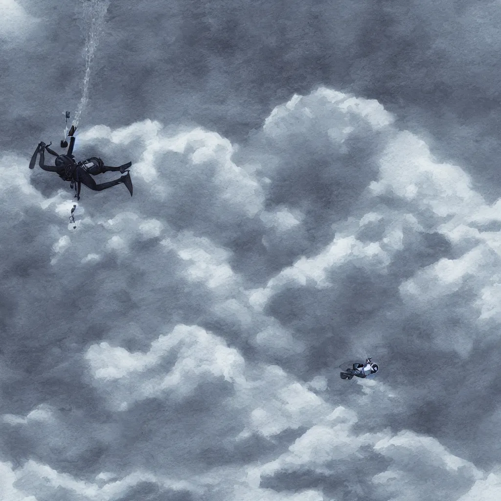 Image similar to a solo scubadiver floating above the clouds, closeup, digital drawing