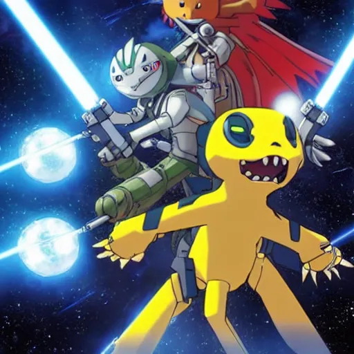 Image similar to digimon as starwars characters in the star wars universe on the death star with light sabers movie still, cinematic, photorealistic, extreme detail, sharp focus, 8 k, intricate, hyper detailed, realistic, cinematic lighting