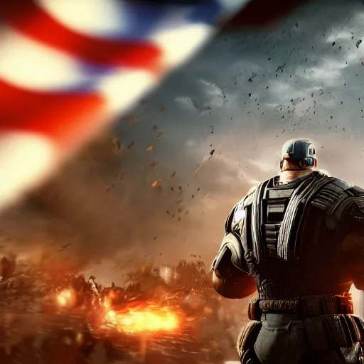 Image similar to Portrait! of President Donald Trump as ((captain america)) in Gears of War, patriotic, splash art, movie still, cinematic lighting, dramatic, octane render, long lens, shallow depth of field, bokeh, anamorphic lens flare, 8k, hyper detailed, 35mm film grain