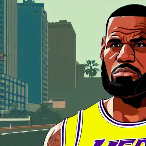 Image similar to lebron james in gta v cover art, sharp details, sharp focus