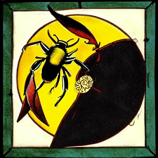 Image similar to a dark dangerous ritual spell with a bumblebee placed in the middle of a bloody bullseye at the center of the crosshairs of a gun, art nouveau, fantasy illustration, tarot