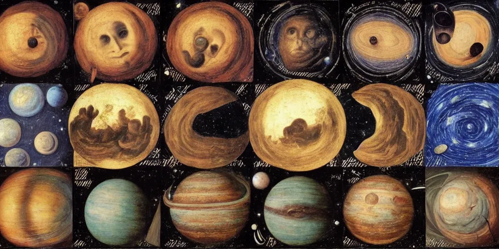 Image similar to the creation of the universe, planets and stars, in the style of leonardo da vinci