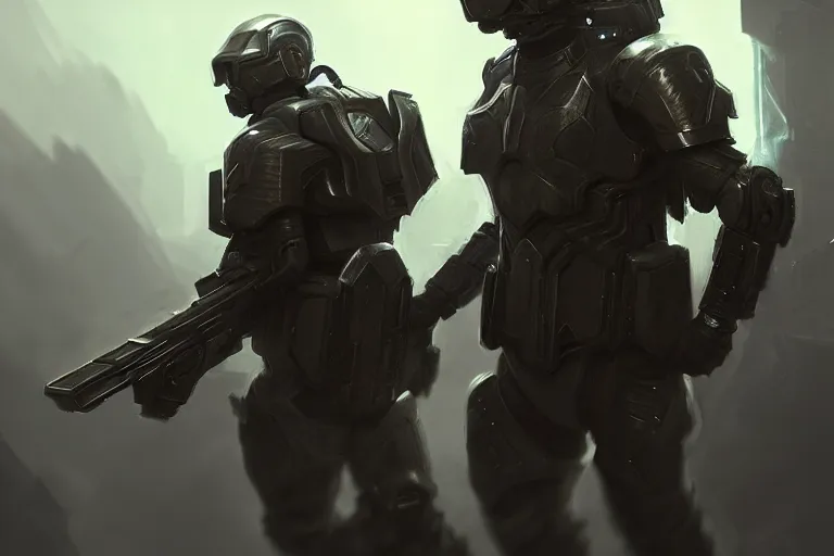 Image similar to futuristic male soldiers with guns in powered armor, diffuse lighting, fantasy, intricate, elegant, highly detailed, lifelike, cinematic, photorealistic, digital painting, artstation, illustration, concept art, smooth, sharp focus, art by andree wallin, halo