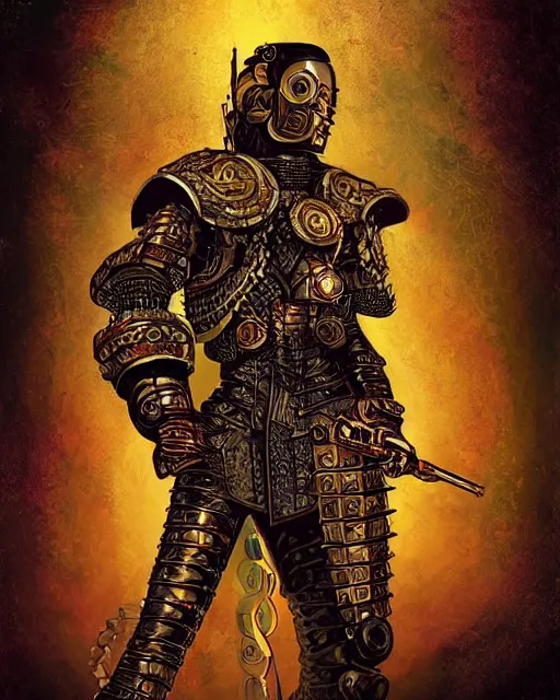 Image similar to a cyberpunk spanish conquistador wearing ornate armor in battle, art by nicola saviori, symmetric, handsome, golden ratio, jungle