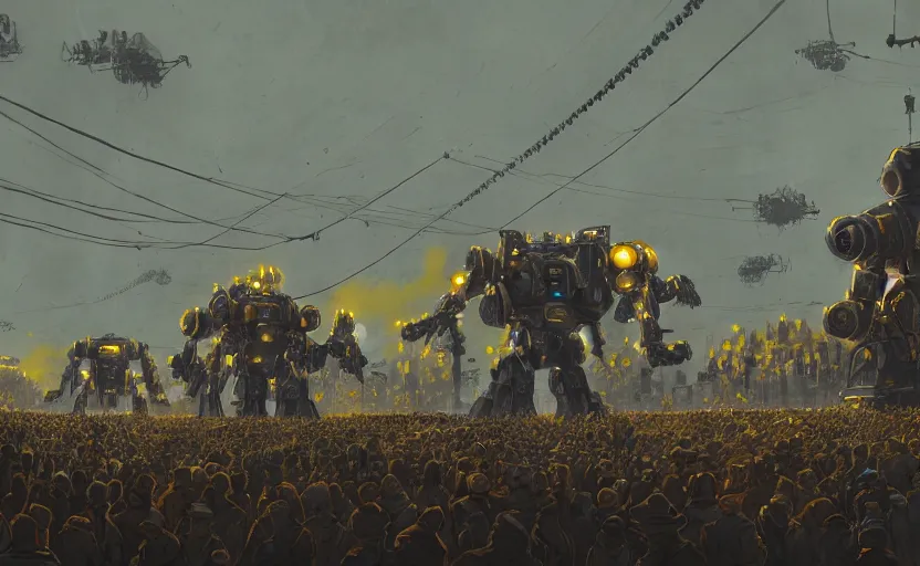 Prompt: an intricate matte painting of a giant armored plated metal mecha, crowd of people, by simon stalenhag, rust, yellow and black trim, trending on artstation, hdr, 8 k