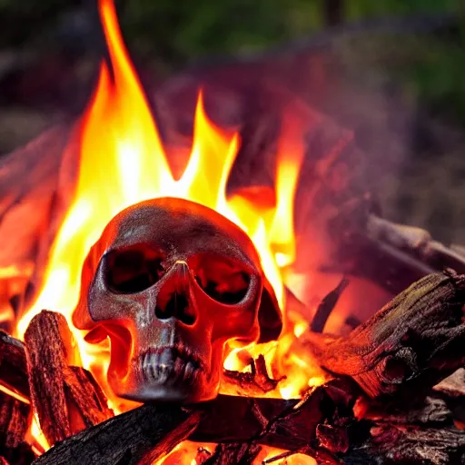 Prompt: flaming skull in a campfire