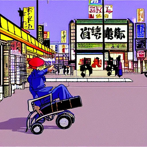 Image similar to man pushing a cart uphill in ulan bataar, sprite, vaporwave nostalgia, directed by beat takeshi, visual novel cg, 8 0 s anime vibe, kimagure orange road, maison ikkoku, initial d, sketch by osamu tezuka, directed by hideki anno