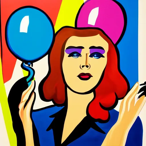 Prompt: a painting of a woman holding two balloons, a pop art painting by tom wesselmann, behance contest winner, pop art, pop art, surrealist, acrylic art