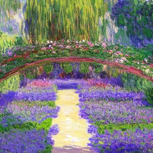 Image similar to a gorgeous garden on the edge of a cliff filled with beautiful flowers of blue and violet and pink from all around the world, monet