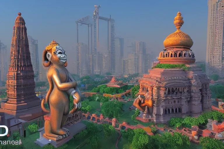 Image similar to high quality 3 d dreamscape! mumbai with biomorphic hanuman!! head building, kalighat, unreal engine hyperrealistic cinematic smooth, stephen shore & john j. park, soft morning light, wide shot, high angle, uhd 8 k, deep focus