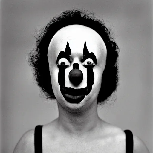 Prompt: portrait of a clown by Diane Arbus, 50mm, black and white