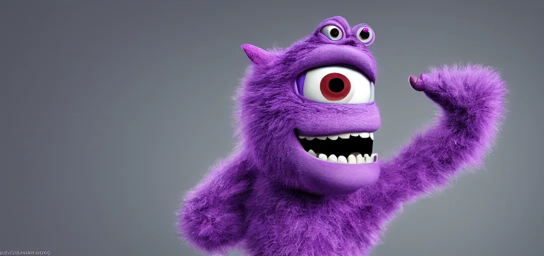 Image similar to a purple monster which is adorable, pixar, 4k, 100mm, full monster in frame