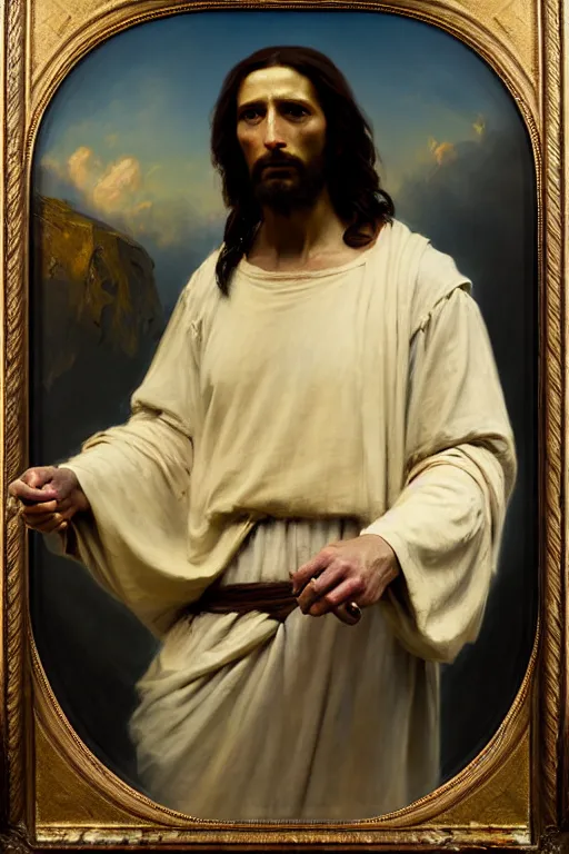 Image similar to photograph imax and solomon joseph solomon and richard schmid and jeremy lipking victorian loose genre loose painting full length portrait painting of jesus