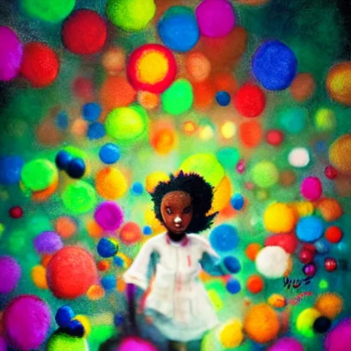 Prompt: a black girl with a colorful dreadloks, in a candy forest! at night, bokeh, bright colours, watercolor, volumetric wool felting, macro photography, children illustration, by goro fujita