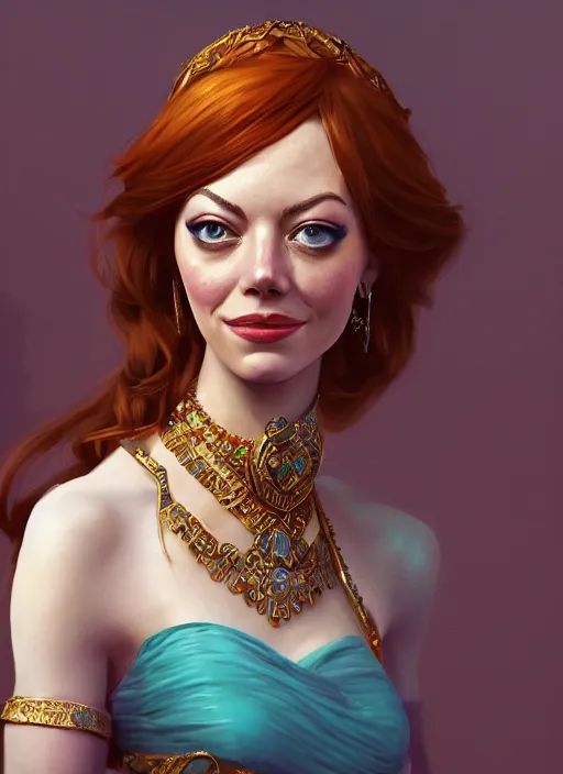 Prompt: portrait of emma stone as princess jasmine, hyper detailed, digital art, trending in artstation, cinematic lighting, studio quality, smooth render, unreal engine 5 rendered, octane rendered, art style by klimt and nixeu and ian sprigger and wlop and krenz cushart.