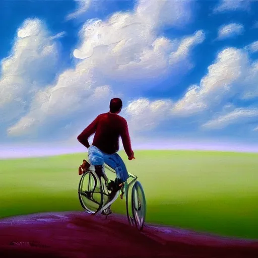 Image similar to A man riding his bicycle through the clouds in the sky, evokes feelings of wonder and amazement, an expressive oil painting by Wes Wilson