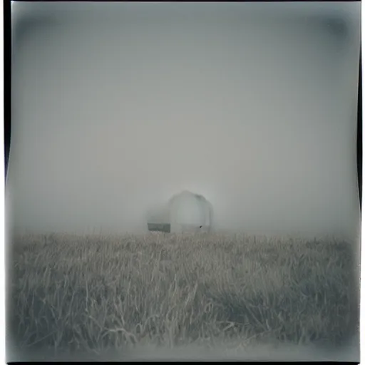Prompt: impossibly large concrete structure in the distance, middle of nowhere, minimalist architecture, megalophobia, top obscured by fog, old polaroid, expired film,
