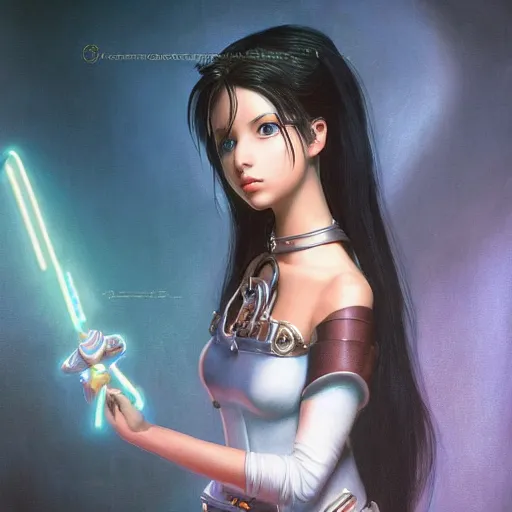 Image similar to Portrait of Princess Garnet from Final Fantasy IX, clayscence art, pitch black room, extremely detailed, oil on canvas, low-key neon lighting, realist, artstation, Blade Runner 2049, Roger Deakin’s cinematography, by J. C. Leyendecker and Peter Paul Rubens and Stephen Bauman,