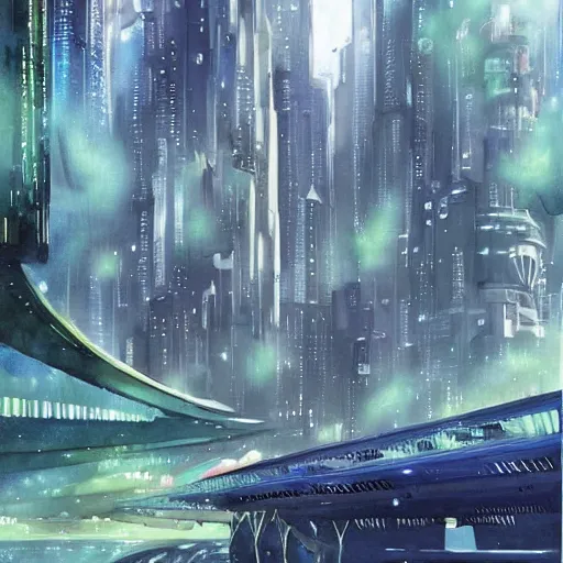 Image similar to Beautiful futuristic sci-fi city in harmony with nature. Nice colour scheme, soft warm colour. Beautiful detailed watercolor by Lurid. (2022)