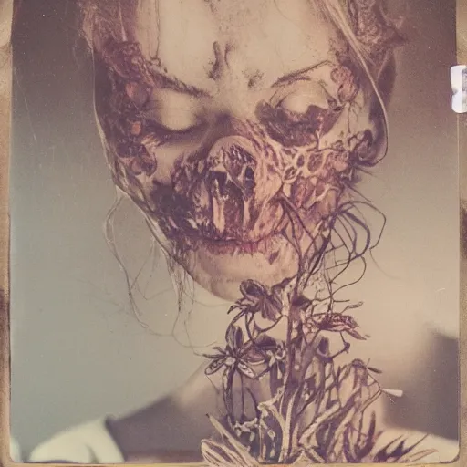 Image similar to a beautiful detailed front view portrait of a rotten woman corpse with fractal plants and fractal flowers growing around, volumetric light, beautiful lit, polaroid photography