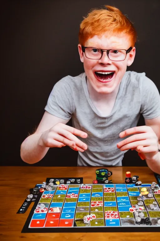 Prompt: 3 / 4 body photo of a young ginger men with disgusting! teeth, playing a boardgame, nerdy appearance, smooth, sharp, 8 5 mm, f / 1. 3