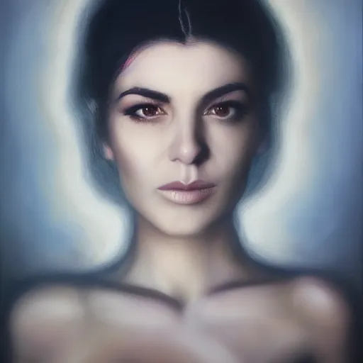 Image similar to a face portrait of marina diamandis, fantasy setting, stone face, dim colors, soft lighting, atmospheric, cinematic, moody, in the style of diego koi, gina heyer, luiz escanuela, art by alyssa monk, hyperrealism, rule of thirds, golden ratio, oil on canvas