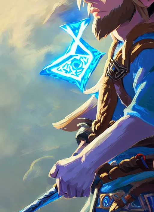 Image similar to link breath of the wild great portrait, cinematic lighting, glowing blue runes, highly detailed, d & d, fantasy, highly detailed, digital painting, trending on artstation, concept art, sharp focus, illustration, art by artgerm and greg rutkowski and fuji choko and viktoria gavrilenko and hoang lap