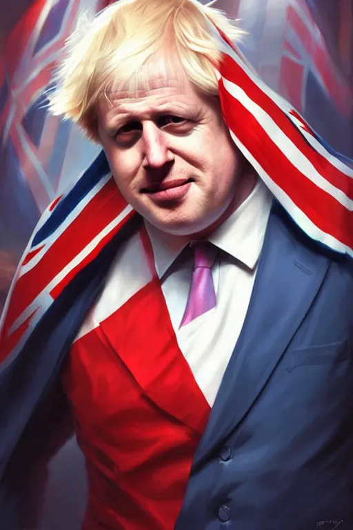 Image similar to Boris Johnson as a superhero Captain Great Britain with Union Jack on the chest, portrait, highly detailed, digital painting, artstation, concept art, smooth, sharp focus, soft volumetric lights, illustration, cinematic lighting, art by artgerm and greg rutkowski and alphonse mucha