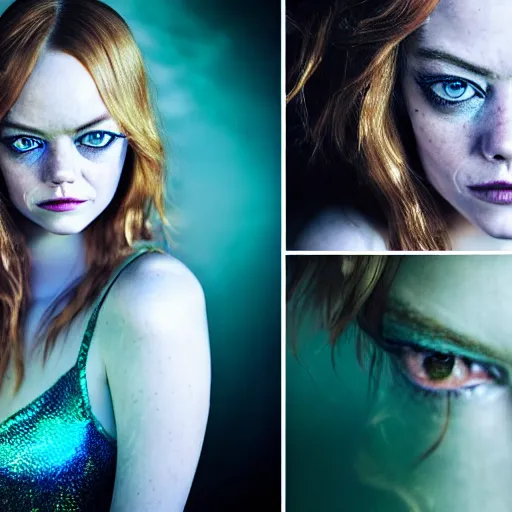 Image similar to Emma Stone as a mermaid, grungy, unkept hair, glowing eyes, modelsociety, wet from rain, radiant skin, huge anime eyes, bright on black, dramatic, studio lighting, perfect face, intricate, Sony a7R IV, symmetric balance, polarizing filter, Photolab, Lightroom, 4K, Dolby Vision, Photography Award