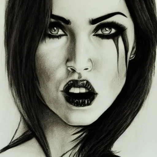 Prompt: charcoal drawing of megan fox | horror themed | creepy