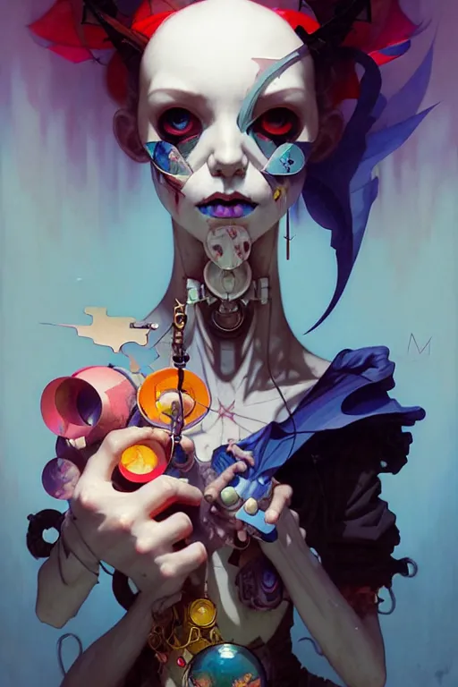 Prompt: portrait, patchwork doll, japanese gothic sytle, macabre horror, blue hour, expressive, asymmetrical art, hyperrealism, colorful, vivid, imposing, epic, abstract texture, artstation, concept art, by peter mohrbacher and wlop and rhads and artgerm and magali villeneuve and alphonse mucha