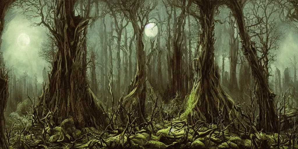 Image similar to dark gothic fantasy forest artwork by eugene von guerard