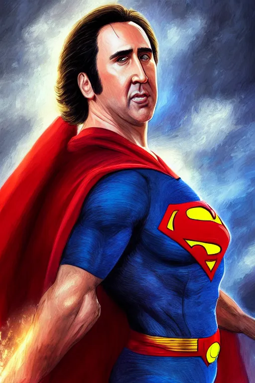 Image similar to Portrait of Nicolas Cage as superman, DC, dark cinematic lighting, intricate, elegant, highly detailed, digital painting, artstation, painted by Artgerm and Mark Waid and Greg Rutkowski and Mandy Jurgens and Snyder