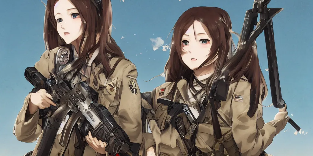 Prompt: infantry girl, anime style, long hair, hair down, symmetrical facial features, from girls frontline, hyper realistic, pale skin, 4 k, rule of thirds, extreme detail, detailed drawing, trending artstation, hd, special forces, d & d, by alphonse mucha, greg rutkowski, sharp focus, backlit