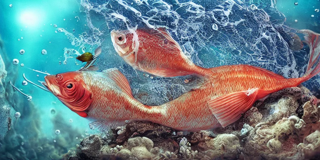 Prompt: a very intricately detailed underwater photo of a fish cuddling with a bird, extreme detail, artstation hq, 8 k