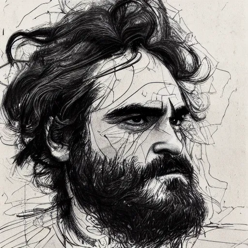 Image similar to a realistic yet scraggly portrait sketch of the side profile of a stern and sophisticated joaquin phoenix, trending on artstation, intricate details, in the style of frank auerbach, in the style of sergio aragones, in the style of martin ansin, in the style of david aja, in the style of mattias adolfsson